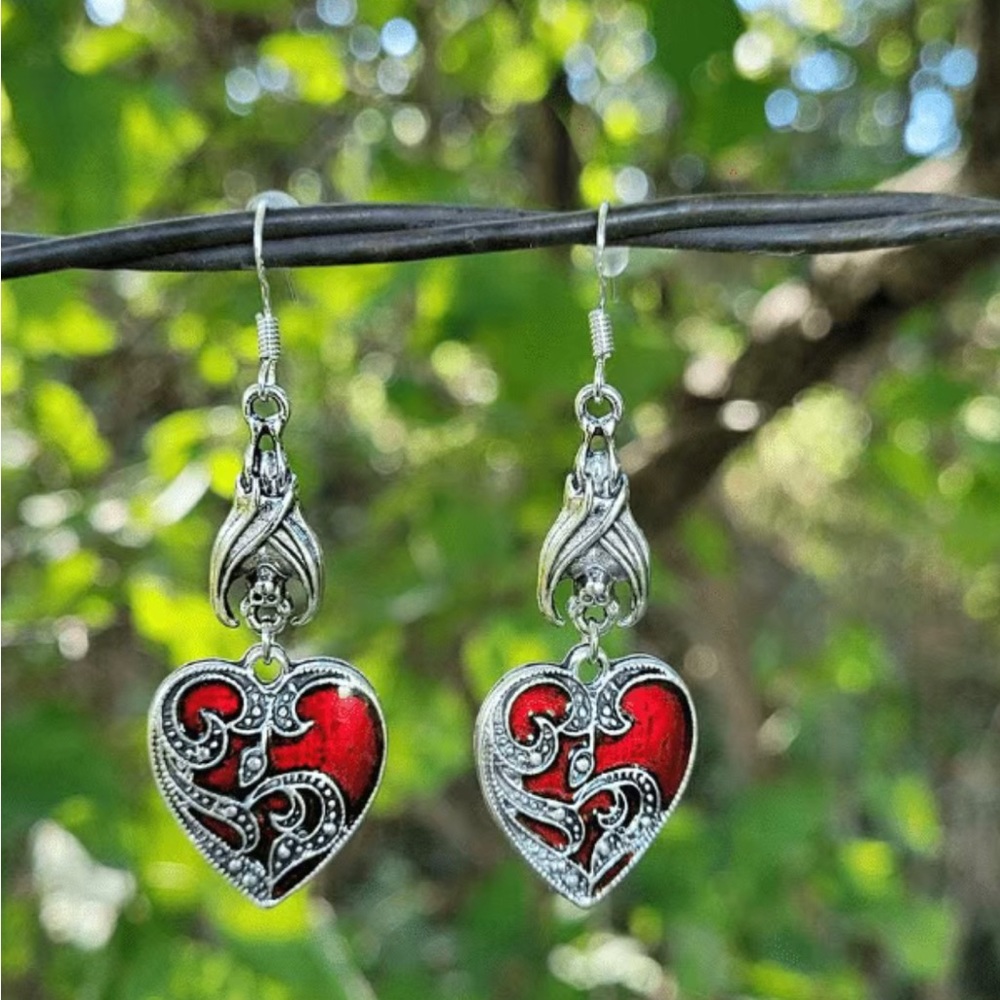 Dark Red Dripping Oil Pattern Earrings with Creative Inverted Dangle Bat